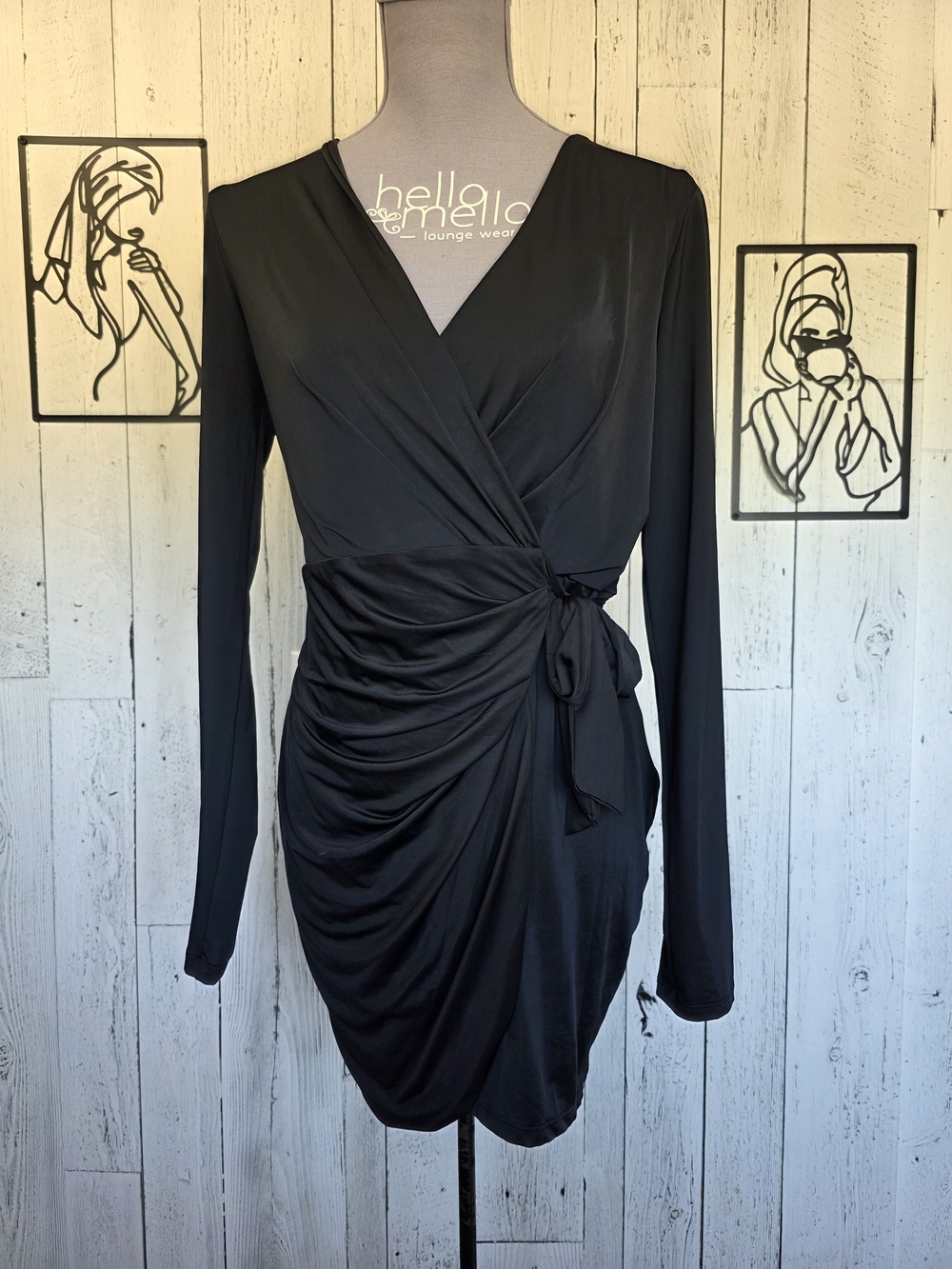 Revamped Black Ruched Wrap Style Mini Dress Size L Date Night Going Out Business